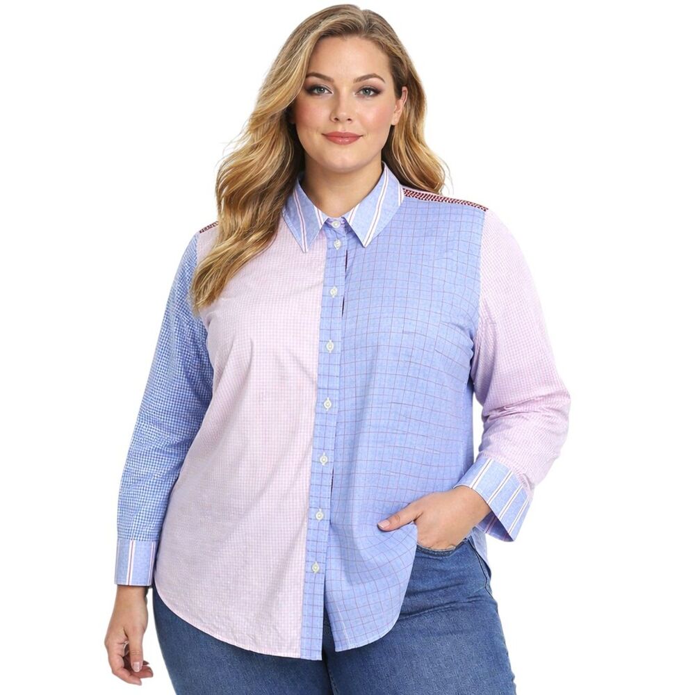 Lane Bryant Patchwork Button-Down Shirt in Light Blue and Lavender